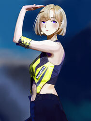  aespa basala5417 black_pants blonde_hair blue_eyes blush clothing_cutout earpiece female from_side highres jewelry k-pop light_frown looking_up navel pants real_life red_eyes ring shirt short_hair solo stomach_cutout winter_(aespa) yellow_shirt 