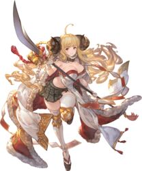  ahoge anila_(granblue_fantasy) bell blonde_hair blunt_bangs breasts cape cleavage closed_mouth draph female full_body fur_trim gloves granblue_fantasy granblue_fantasy_versus:_rising highres holding holding_weapon horns huge_breasts long_hair looking_at_viewer minaba_hideo official_art okobo pleated_skirt polearm sandals sheep_horns skirt smile solo standing tachi-e tassel thighhighs transparent_background weapon white_gloves yellow_eyes zettai_ryouiki 