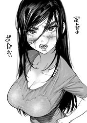  blush breasts cleavage collarbone commentary_request eyebrows female genderswap_(mtf) golden_kamuy greyscale hair_between_eyes kimidake large_breasts lips long_hair monochrome open_mouth rule_63 scar scar_on_cheek scar_on_face scar_on_mouth scar_on_nose shirt simple_background solo sugimoto_saichi sweat teeth thick_eyebrows translation_request upper_body white_background 