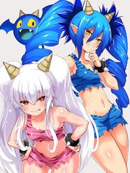  2girls :p animal_print bare_shoulders blue_hair bombergirl bracelet breasts commentary_request drill_hair edobox grey_background grim_aloe hair_between_eyes hand_up hands_on_own_hips horns jewelry lewisia_aquablue long_hair looking_at_viewer midriff multiple_girls navel pointy_ears quiz_magic_academy_the_world_evolve red_eyes simple_background small_breasts smile spiked_bracelet spikes tiger_print tongue tongue_out twin_drills twintails white_hair yellow_eyes 