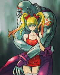  1boy 6maker bags_under_eyes bald blonde_hair blue_eyes breasts cleavage collarbone colored_skin commentary couple dress earrings effie_(street_fighter) empty_eyes facial_tattoo female gradient_hair height_difference highres hoop_earrings hug hug_from_behind jewelry long_arms looking_at_viewer multicolored_hair muscular necro_(street_fighter) orange_hair overalls pale_skin purple_overalls red_dress short_dress shoulder_tattoo small_breasts straight street_fighter street_fighter_iii_(series) tattoo thigh_gap thighhighs two-tone_hair white_legwear white_skin zettai_ryouiki 