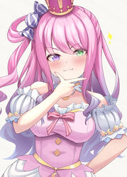  :3 arched_crown bare_shoulders blush breasts crown female green_eyes hand_on_own_hip heterochromia highres himemori_luna himemori_luna_(1st_costume) hololive long_hair looking_at_viewer pink_hair purple_eyes red_crown side_ponytail simple_background solo suicabar72 virtual_youtuber white_background 