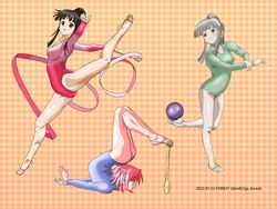  3girls aisaka_sayo artist_name athletic_leotard backbend ball blue_leotard blush breasts brown_eyes brown_hair collarbone commentary_request commission contortion dated derivative_work flexible green_eyes green_leotard grey_hair groin_tendon gymnastics gymnastics_ribbon half-soles highres juggling_club konoe_konoka leotard long_hair mahou_sensei_negima! medium_breasts medium_hair mll21jp_forest multiple_girls patterned_background pink_hair pixiv_commission plantar_flexion ponytail red_leotard rhythmic_gymnastics sasaki_makie sidelocks smile split standing standing_on_one_leg updo 