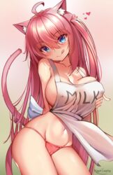  :p animal_ears antenna_hair apron arms_behind_back blue_eyes blush breasts breasts_squeezed_together cat_ears cat_girl cat_tail cleavage collarbone covered_nipples english_text female gradient_background heart highres kaptivate lactation lactation_through_clothes large_breasts long_hair looking_at_viewer navel nearly_naked_apron nekomia_(kaptivate) original panties pink_hair pink_panties pink_tail signature sleeveless smile solo tail tongue tongue_out underwear very_long_hair 