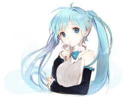  adapted_costume aqua_bow aqua_bowtie aqua_hair bad_id bad_pixiv_id bare_shoulders blue_bow blue_bowtie blue_eyes blue_hair bow bowtie braid breasts commentary detached_collar detached_sleeves female finger_to_mouth frown fur-trimmed_sleeves fur_trim hatsune_miku index_finger_raised kuzuvine long_hair looking_at_viewer medium_breasts photoshop_(medium) side_braid sideboob simple_background solo twintails upper_body vocaloid white_background 