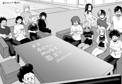  4girls 6+boys ashido_mina boku_no_hero_academia breasts buthikireta clenched_teeth commentary_request couch freckles glasses greyscale grin holding hood hood_down iida_tenya indoors jirou_kyouka joy-con kaminari_denki kirishima_eijirou medium_breasts midoriya_izuku mineta_minoru monochrome motion_lines multiple_boys multiple_girls numbered ojiro_mashirao pants playing_games satou_rikidou sero_hanta shirt short_hair short_sleeves sitting smile teeth todoroki_shouto translation_request twitter_username uraraka_ochako yaoyorozu_momo 