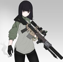  absurdres ar-10 battle_rifle black_gloves black_hair black_pantyhose blunt_bangs brown_eyes cigarette female gloves gun highres holding holding_gun holding_weapon long_hair looking_at_viewer mole mole_under_eye null-3 original pantyhose rifle shorts smoke solo weapon 