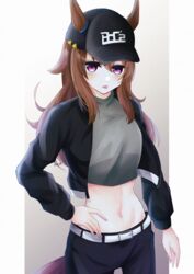  :p absurdres akaikaede animal_ears baseball_cap belt black_hat black_jacket black_pants boc&#039;z_(umamusume) brown_hair commentary_request cowboy_shot crop_top female gradient_background grey_background grey_shirt hair_between_eyes hat highres horse_ears horse_girl jacket long_hair long_sleeves looking_at_viewer midriff nakayama_festa_(umamusume) navel open_clothes open_jacket pants purple_eyes shirt solo standing stomach tongue tongue_out umamusume white_belt 