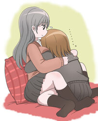  ... 2girls black_serafuku brown_hair comforting commentary hand_on_another&#039;s_head highres hug long_hair long_sleeves mejikara_scene multiple_girls original photoshop_(medium) pillow sailor_collar school_uniform serafuku short_hair skirt socks trembling 