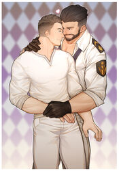  2boys absurdres bara black_hair commission couple cropped_legs dungeon_and_fighter eye_contact facial_hair highres holding_hands interracial light_brown_hair looking_at_another male_focus male_priest_(dungeon_and_fighter) multiple_boys muscular muscular_male original pants pectorals peterhl shirt short_hair sideburns smile stubble thighs white_pants white_shirt yaoi 