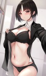  black_bra black_eyes black_hair black_jacket black_panties blush bra breasts closed_mouth collared_shirt commentary_request dress_shirt female highres jacket large_breasts long_sleeves looking_at_viewer navel open_clothes open_jacket original panties reaching reaching_towards_viewer selfie shirt short_hair solo sweat take_(trude1945oneetyan) underwear white_shirt 