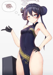  bare_arms bare_shoulders black_dress black_gloves black_hair blue_archive blush breasts china_dress chinese_clothes closed_mouth commentary_request covered_navel double_bun dress female gloves grey_background grey_eyes groin hair_between_eyes hair_bun half_gloves halo hand_on_own_hip highres kisaki_(blue_archive) long_hair looking_at_viewer prophosphere simple_background sleeveless sleeveless_dress small_breasts solo spoken_squiggle squiggle standing twintails very_long_hair 