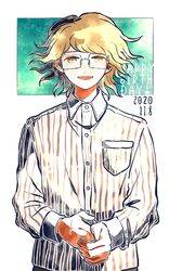  1boy :d breast_pocket collared_shirt commentary_request cowboy_shot danganronpa_(series) danganronpa_another_episode:_ultra_despair_girls dated dress_shirt fujisaki_taichi glasses green_background happy_birthday kiri_(2htkz) long_sleeves looking_at_viewer male_focus medium_hair open_mouth own_hands_together pocket rimless_eyewear shirt smile solo striped white_background 