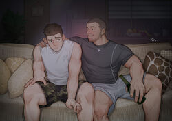  2boys abs absurdres bara bare_arms bare_shoulders beard body_hair bottle brown_hair bulge buzz_cut camouflage camouflage_shorts couple dark facial_hair grey_shirt grey_shorts hand_on_another&#039;s_shoulder highres holding holding_bottle indoors large_pectorals leg_hair light_brown_hair male_focus mature_male multiple_boys muscular muscular_male navel nipples original pectorals peterhl seductive_smile shirt short_hair shorts sleeveless sleeveless_shirt smile spread_legs stubble thick_eyebrows thick_thighs thighs very_short_hair white_shirt yaoi 