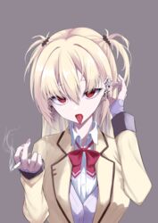  absurdres arihara_nanami blonde_hair bow bowtie brown_background cigarette commentary cross cross_earrings dress_shirt ear_piercing earrings eyelashes eyes_visible_through_hair female hands_up highres holding holding_cigarette jacket jewelry long_hair long_sleeves looking_at_viewer mkn_yu piercing red_bow red_bowtie red_eyes riddle_joker school_uniform shirt simple_background smoke smoking solo straight_hair tongue tongue_out tongue_piercing two_side_up upper_body upturned_eyes white_shirt yellow_jacket 