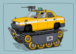  blue_background car caterpillar_tracks commentary_request exhaust_pipe from_side gatling_santouhei gun headlight highres hook machine_gun motor_vehicle no_humans original shadow simple_background steering_wheel taxi vehicle_focus weapon yellow_car 