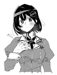  blush breasts closed_mouth commentary_request female gloves greyscale haguro_(kancolle) haguro_kai_ni_(kancolle) hair_between_eyes hair_ornament hand_on_own_chest higaragi highres kantai_collection long_sleeves looking_at_viewer military military_uniform monochrome short_hair simple_background solo uniform upper_body 