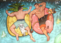  2boys abs absurdres alca_(wakatanka4) animal_ears ass bara beenic black-framed_eyewear body_hair brown_hair bulge chest_tattoo commission couple facial_hair full_body gyee highres holding innertube jewelry large_pectorals leg_hair lion_boy lion_ears lion_tail male_focus male_swimwear multiple_boys muscular muscular_male navel necklace nipples original pectorals peterhl pool short_hair smirk spread_legs stubble swim_ring swim_trunks tail tattoo thick_eyebrows thick_thighs thighs topless_male water yaoi 