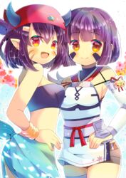  2girls :d abukuma_(azur_lane) abukuma_(azur_lane)_(cosplay) azur_lane bandeau bangle bare_shoulders bell belt black_bandeau black_shorts blush bracelet breasts brown_belt brown_eyes closed_mouth commentary_request cosplay costume_switch crossover detached_sleeves dress ear_piercing facial_mark floral_background hair_between_eyes hand_on_own_hip horns horns_through_headwear jewelry jingle_bell kou_hiyoyo multiple_girls obi oerba_yun_fang open_mouth piercing pointy_ears purple_hair red_eyes red_headwear rimeru_rina sash short_hair short_shorts shorts shoukan&#039;ou_rex small_breasts smile white_dress white_sleeves 