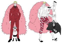  2boys absurdres age_progression balnom bare_pectorals blonde_hair coat donquixote_doflamingo feather_coat full_body fur_coat height_difference highres lifting_person lolicon male_focus multiple_boys muscular muscular_male official_alternate_costume one_piece open_clothes pectorals pink_coat shirt short_hair suit sunglasses trafalgar_law upside-down white_shirt 