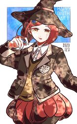  black_jacket black_pantyhose blue_background brown_vest collared_shirt commentary_request cowboy_shot danganronpa_(series) danganronpa_v3:_killing_harmony dated dress_shirt female gem hair_ornament hairclip hand_up happy_birthday hat holding jacket kiri_(2htkz) long_sleeves looking_at_viewer open_clothes open_jacket open_mouth pantyhose pleated_skirt red_eyes red_hair red_skirt school_uniform shirt short_hair skirt smile solo vest white_background witch_hat yumeno_himiko 