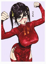  :o arms_up bangs breasts china_dress chinese_clothes collar collared_dress colorized commentary_request cowboy_shot dress edit female framed from_above genderswap_(mtf) golden_kamuy green_eyes hair_between_eyes hair_ornament hair_ribbon highres kimidake large_breasts lips long_sleeves looking_at_viewer medium_hair odioart open_mouth partial_commentary red_dress red_lips ribbon rule_63 scar scar_on_cheek scar_on_face scar_on_mouth scar_on_nose simple_background skindentation solo standing sugimoto_saichi thighhighs translation_request twintails upper_body white_background yellow_ribbon 