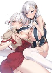  2girls absurdres asymmetrical_docking azur_lane belfast_(azur_lane) belfast_(azur_lane)_(cosplay) belfast_(piping-hot_perfection)_(azur_lane) breast_curtains breast_press breasts china_dress chinese_clothes commentary_request cosplay costume_switch dress furon_(froon) gloves highres huge_breasts looking_at_viewer lying multiple_girls official_alternate_costume on_side partial_commentary simple_background sirius_(azur_lane) sirius_(azur_lane)_(cosplay) sirius_(azure_horizons)_(azur_lane) sitting thighhighs thighs wariza white_background white_hair wrist_cuffs 