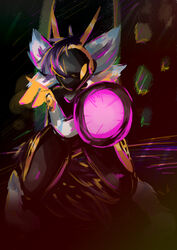  2021 absurd_res aggressive aiming_at_viewer aiming_weapon ambiguous_gender anthro blue_body blue_fur digital_media_(artwork) digitigrade fighting_pose fur gun gun_arm hair hi_res horn looking_at_viewer machine mothiikai pose protogen purple_hair ranged_weapon short_hair simple_background solo suitchii weapon wings 