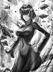  bob_cut breasts closed_mouth covered_navel debris dress electricity energy female floating floating_object floating_rock fubuki_(one-punch_man) glowing greyscale hand_on_own_hip highres impossible_clothes impossible_dress large_breasts levitation long_sleeves looking_at_viewer monochrome one-punch_man photoshop_(medium) psychic short_hair simple_background skin_tight solo standing telekinesis the_golden_smurf 