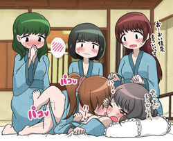  5girls blush bowl_cut brown_hair cellphone commentary dry_humping humping indoors inn japanese_clothes kimono long_hair lying mejikara_scene motion_lines multiple_girls on_back open_mouth original phone photoshop_(medium) ponytail robe short_hair smartphone spread_legs tatami translated yuri 