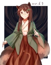  animal_ears border brown_eyes brown_hair cowboy_shot dated female futatsuiwa_mamizou glasses highres japanese_clothes leaf leaf_on_head long_hair long_sleeves looking_at_viewer minuo multicolored_background raccoon_ears raccoon_tail semi-rimless_eyewear smile solo standing tail touhou under-rim_eyewear white_border yellow-framed_eyewear 