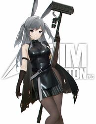  animal_ears arknights arm_strap banxuan_c2ka bare_shoulders belt black_cape black_dress black_gloves blush breasts brown_pantyhose cape chromatic_aberration dress feet_out_of_frame female gloves grey_eyes grey_hair hammer hand_up highres holding holding_hammer holding_weapon long_hair looking_at_viewer medium_breasts pantyhose rabbit_ears savage_(arknights) short_dress simple_background sleeveless sleeveless_dress solo standing thighs two_side_up weapon white_background 