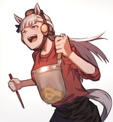  absurdres animal_ears apron chopsticks female food gold_ship_(umamusume) grey_hair highres holding holding_chopsticks horse_ears horse_girl horse_tail long_hair looking_afar noodle_strainer noodles open_mouth parody photo-referenced pillbox_hat ramen red_shirt reon_(dainagon_azuki) shirt simple_background sleeves_rolled_up strainer tail teeth tongue umamusume upper_body upper_teeth_only waist_apron white_background 