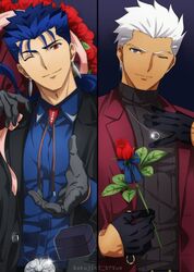  2boys akujiki59 archer_(fate) belt blue_hair bouquet box coat collared_shirt cu_chulainn_(fate) cu_chulainn_(fate/stay_night) ear_piercing earrings fate/stay_night fate_(series) flower formal gloves grey_eyes holding holding_flower jewelry looking_at_viewer male_focus manly multiple_boys official_style one_eye_closed open_clothes open_coat parody piercing ponytail red_eyes red_flower red_rose ring rose shirt slit_pupils smile spiked_hair stud_earrings style_parody suit sweater tan turtleneck turtleneck_sweater ufotable upper_body white_hair 