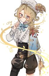  1boy :&lt; bad_id bad_twitter_id belt blonde_hair blue_bow blue_eyes bow capelet corset edgar_valden edgar_valden_(golden_ratio) facial_mark feathers gold_trim hat highres identity_v itsuki_1299 long_sleeves looking_down male_focus paint paintbrush plant ponytail shorts solo sparkle 