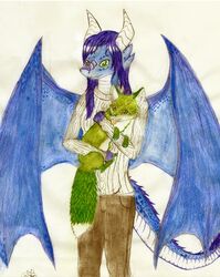  absurd_res anthro bat_wings blue_body blue_hair bottomwear brown_bottomwear brown_clothing brown_pants canid canine clothed clothing countershading crown_(artist) dragon duo female feral fox green_eyes greeny_(odisaodi) hair hi_res horn male mammal membrane_(anatomy) membranous_wings milly_(millcore) mythological_creature mythological_scalie mythology pants pupils scalie slit_pupils sweater tail tongue tongue_out topwear traditional_media_(artwork) whiskers white_body white_clothing white_pupils white_sweater white_topwear wings 