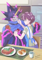  anthro apron bandai_namco belt black_body black_sclera brown_hair cape clothing digimon digimon_(species) digimon_ghost_game duo eating glowing glowing_eyes gulusgammamon hair hi_res hiro_amanokawa horn human male mammal napkin scalie vfcou wiping_mouth 