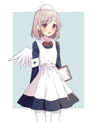  alternate_costume angel_wings blue_background blue_sleeves blush bow bowtie brown_eyes clipboard commentary_request female hair_between_eyes hat kishin_sagume long_sleeves nurse nurse_cap open_mouth red_bow red_bowtie short_hair simple_background single_wing solo sweatdrop touhou touya_(konpekitou) uniform white_legwear wings 