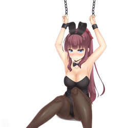  absurdres animal_ears arms_up black_bow black_bowtie black_leotard black_pantyhose blue_eyes blunt_bangs bow bowtie breasts brown_hair chains commentary_request cowboy_shot cuffs detached_collar fake_animal_ears female fishnet_pantyhose fishnets highres large_breasts leotard long_hair looking_at_viewer new_game! pantyhose playboy_bunny ponytail rabbit_ears restrained sainohikari shackles sidelocks simple_background sitting solo strapless strapless_leotard takimoto_hifumi white_background 