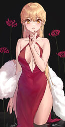  absurdres blonde_hair breasts collarbone commentary_request criss-cross_halter dress earrings female flower girls&#039;_frontline halter_dress halterneck highres jewelry kir_(khw66136132) korean_commentary long_hair medium_breasts official_alternate_costume orange_eyes ots-14_(girls&#039;_frontline) ots-14_(ruler_of_the_banquet)_(girls&#039;_frontline) red_dress red_flower red_nails sleeveless sleeveless_dress solo very_long_hair 