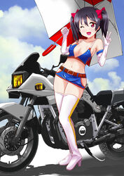  ;d bad_id bad_pixiv_id belt black_hair boots breasts brown_belt cleavage cloud collarbone commentary_request day female full_body gloves highres holding love_live! love_live!_school_idol_project motor_vehicle motorcycle navel one_eye_closed open_mouth race_queen red_eyes sky smile solo standing suzuki_katana thigh_boots thighhighs tongue tongue_out tonsukebey! twintails v white_footwear white_gloves yazawa_nico 