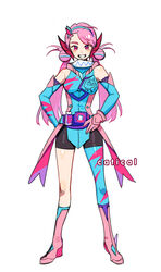  bare_shoulders elbow_gloves female genderswap_(mtf) gloves hairband highres kamen_rider kamen_rider_revi kamen_rider_revice mooopl pink_hair rex_genome rider-tan rule_63 solo vistamp 