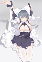  absurdres animal_ears apron aqua_eyes armpits arms_up azur_lane breasts cheshire_(azur_lane) chinese_commentary cleavage closed_eyes detached_sleeves fake_animal_ears female frilled_hairband frilled_ribbon frills full_body grey_background hairband highres kylin_47 large_breasts long_ribbon maid_headdress multicolored_hair puffy_detached_sleeves puffy_sleeves purple_apron ribbon simple_background skindentation solo streaked_hair thighhighs two-tone_hair white_thighhighs zettai_ryouiki 