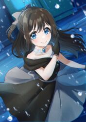  absurdres birthday black_gloves blue_eyes brown_hair collarbone commentary female gloves hair_ribbon half_updo highres kyaku_tasu long_hair looking_at_viewer love_live! love_live!_nijigasaki_high_school_idol_club osaka_shizuku rain ribbon sidelocks smile solitude_rain_(love_live!) solo two-tone_dress water_drop 