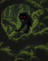  2022 ambiguous_gender black_body black_fur canid canine day detailed_background digital_media_(artwork) feral forest fur grass hi_res katie_hofgard mammal moss open_mouth outside plant red_eyes solo teeth tongue tree 