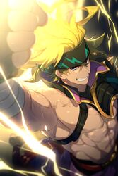  1boy abs baggy_pants bandaged_arm bandages biceps black_gloves blonde_hair blue_eyes echo_(circa) fate/grand_order fate_(series) fingerless_gloves gloves grin headband lightning long_hair looking_at_viewer male_focus muscular pants punching sakata_kintoki_(fate) sakata_kintoki_(heian_warrior_attire)_(fate) smile solo uppercut 