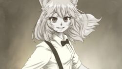  16:9 2022 animal_humanoid biped bow_tie cat_humanoid clothed clothing collared_shirt cosplay felid felid_humanoid feline feline_humanoid female hi_res humanoid inner_ear_fluff looking_at_viewer mammal mammal_humanoid mariya_takeuchi monochrome nyanners plagueofgripes plastic_love real_world sepia simple_background smile solo suspenders tuft vshojo vtuber white_clothing widescreen 