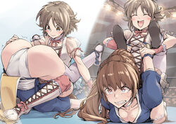  2girls age_difference arm_guards ass blush_stickers boots breasts brown_eyes brown_hair choker dead_or_alive enomoto_aya folded hair_ribbon jelly_shrimp joint_lock kasumi_(doa) large_breasts leotard long_hair multiple_girls pain panties pelvic_curtain ponytail ribbon short_hair sitting_on_face smile submission_hold thighhighs underwear white_thighhighs wrestle_angels wrestle_angels_survivor wrestler wrestling wrestling_outfit wrestling_ring yellow_eyes 