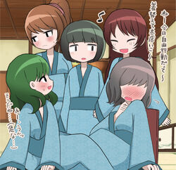  5girls between_legs blush commentary flying_sweatdrops full-face_blush green_hair hime_cut indoors japanese_clothes light_brown_hair long_hair looking_away mejikara_scene multiple_girls open_mouth original photoshop_(medium) ponytail robe short_hair tatami translated yuri 