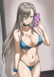  asuna_(blue_archive) asymmetrical_bangs bikini blonde_hair blue_archive blue_bikini blue_choker blue_eyes blue_nails breasts cellphone choker cleavage commentary eyes_visible_through_hair female grin hair_over_one_eye highres holding holding_phone light_brown_hair long_hair looking_at_viewer mole mole_on_breast navel phone scrunchie selfie shinsaku_(stan-art) smartphone smile solo stomach swimsuit very_long_hair wrist_scrunchie 